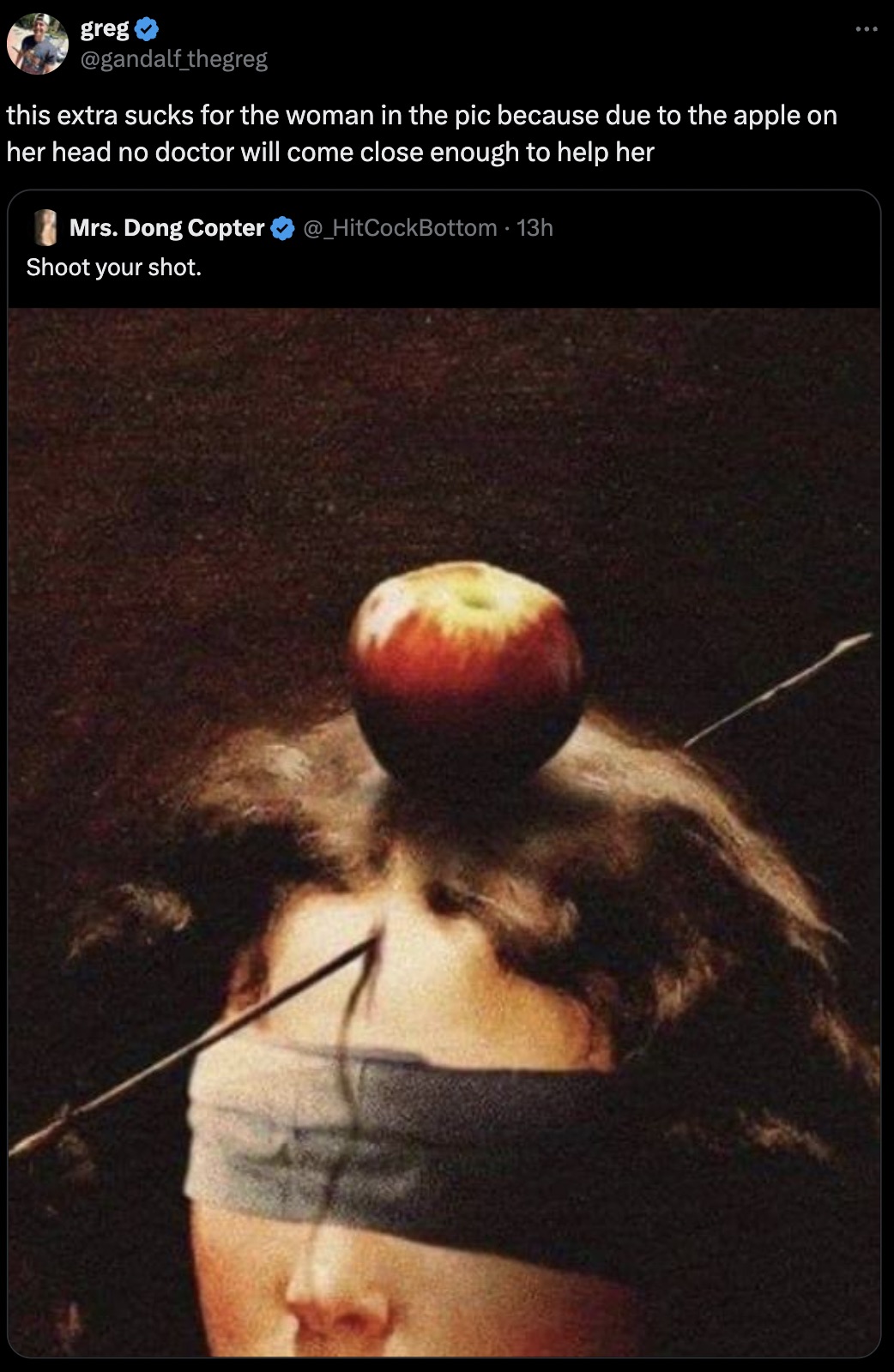 greg this extra sucks for the woman in the pic because due to the apple on her head no doctor will come close enough to help her Mrs. Dong Copter Shoot your shot. . 13h